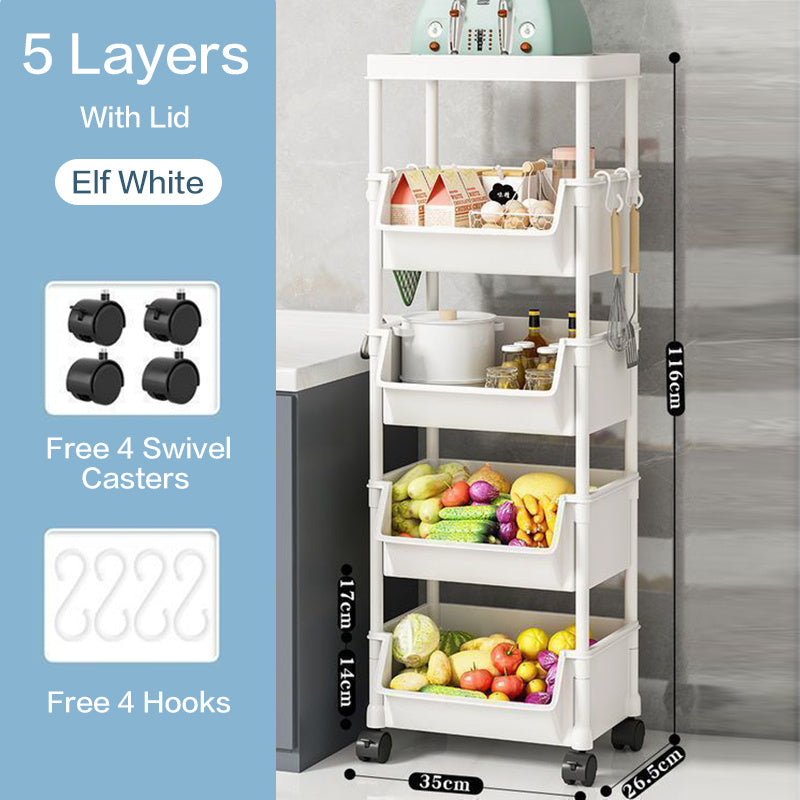 5-Tier Plastic Storage Rack with Lid & Hooks – Heavy-Duty Floor Standing Shelf Organizer for Kitchen, Entryway, Shoes, Books, Pots & Pans
