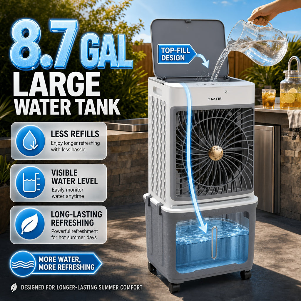 2200 CFM Portable Evaporative Air Cooler – Top-Fill Swamp Cooler with 8.7 Gal Tank, 120° Swing, 3 Speeds, 1/2/4H Timer, 35dB Quiet & 4 Ice Packs | Bedroom, Office, Patio, Kitchen