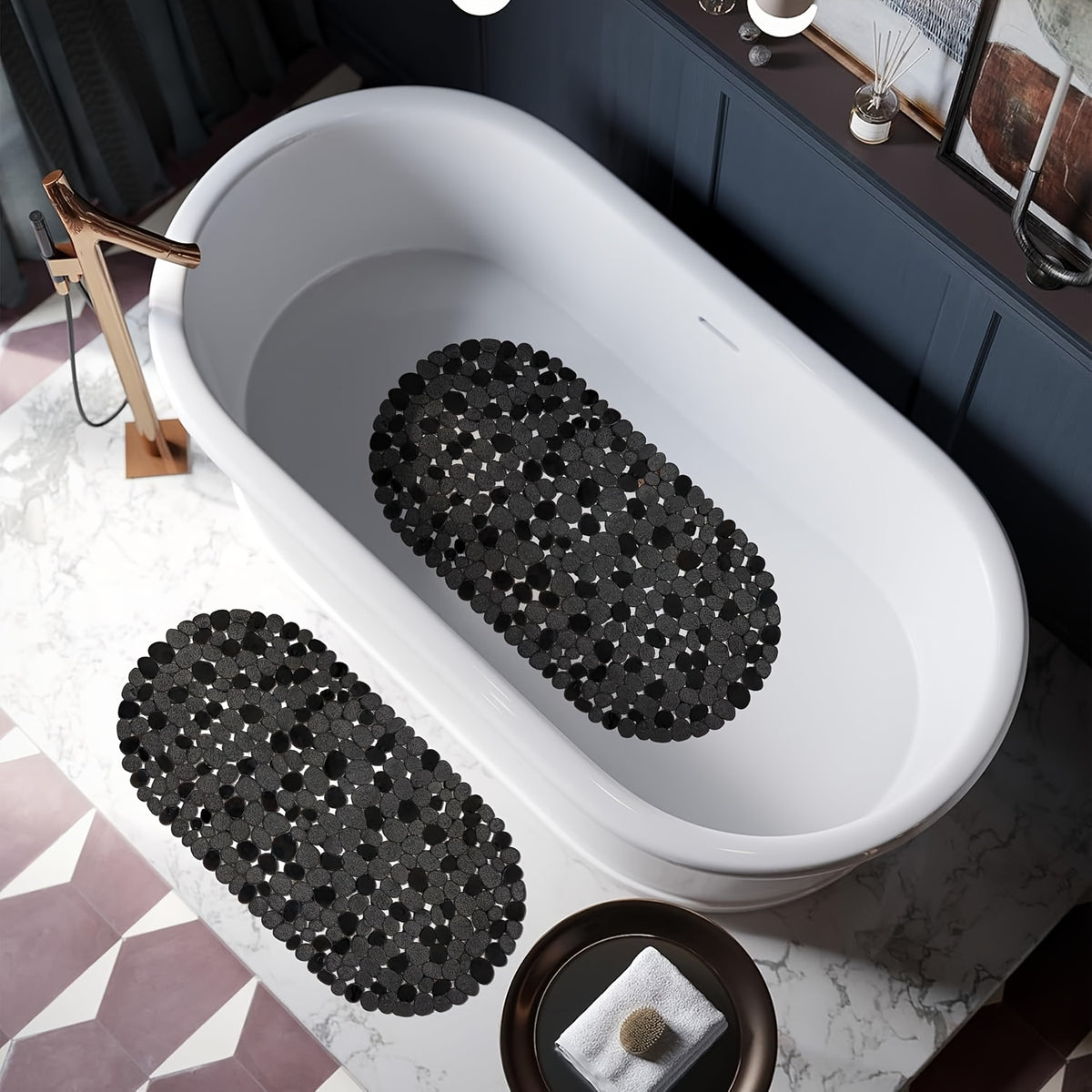Non-Slip Bathtub Mat 27x14 Inch, Pebble Texture Suction Cup Shower Mat – Double-Sided Anti-Slip Soft PVC Tub Mat for Elderly & Kids, Machine Washable