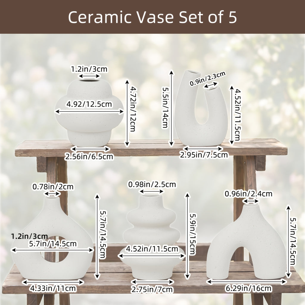 Ceramic Vase Set 5 Pieces Matte – Nordic Boho Minimalist Flower Holders for Shelf, Mantle & Entryway Table Decor | Home Decorations