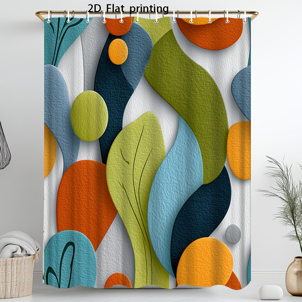 Abstract Geometric Shower Curtain – Colorful Overlapping Shapes Modern Art Bath Decor in Green Blue Orange Teal | 70.86x70.86 Inch with 12 Hooks