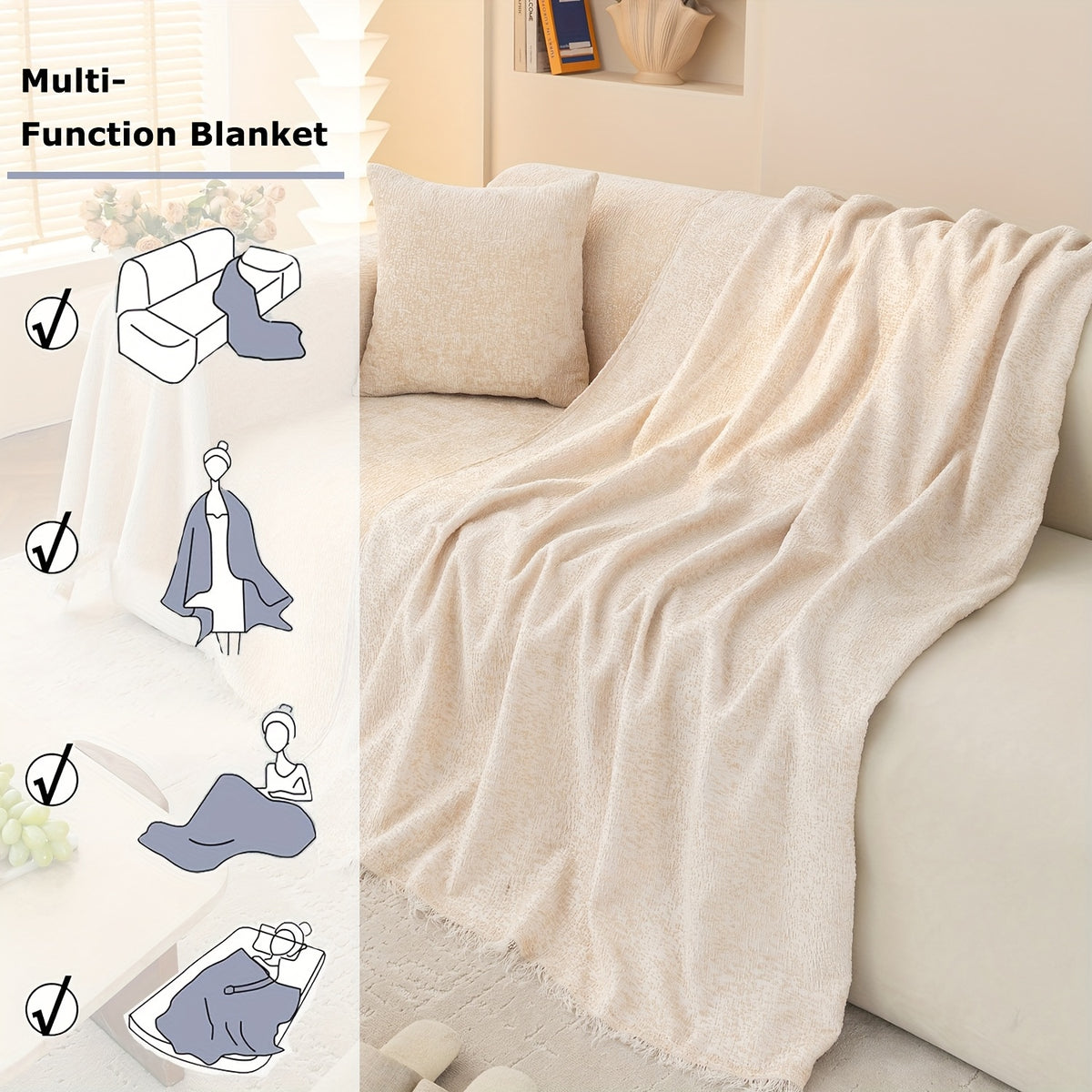 Soft Chenille Sofa Throw Cover with Fringes Durable Pet-Friendly Solid Couch Protector Slipcover for Living Room Sectional Armchair Home Decoration