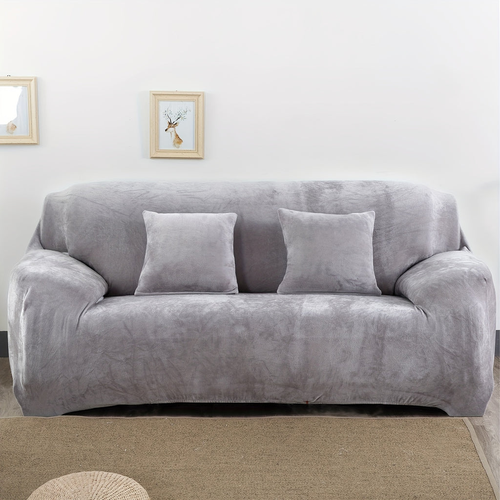 Plush Sofa Slipcover Stretch Thick Couch Cover - Soft Velvet Furniture Protector for Chair Loveseat 3 4 Seater, Anti-Slip Elastic Wrap, Machine Washable, 6 Colors for Living Room