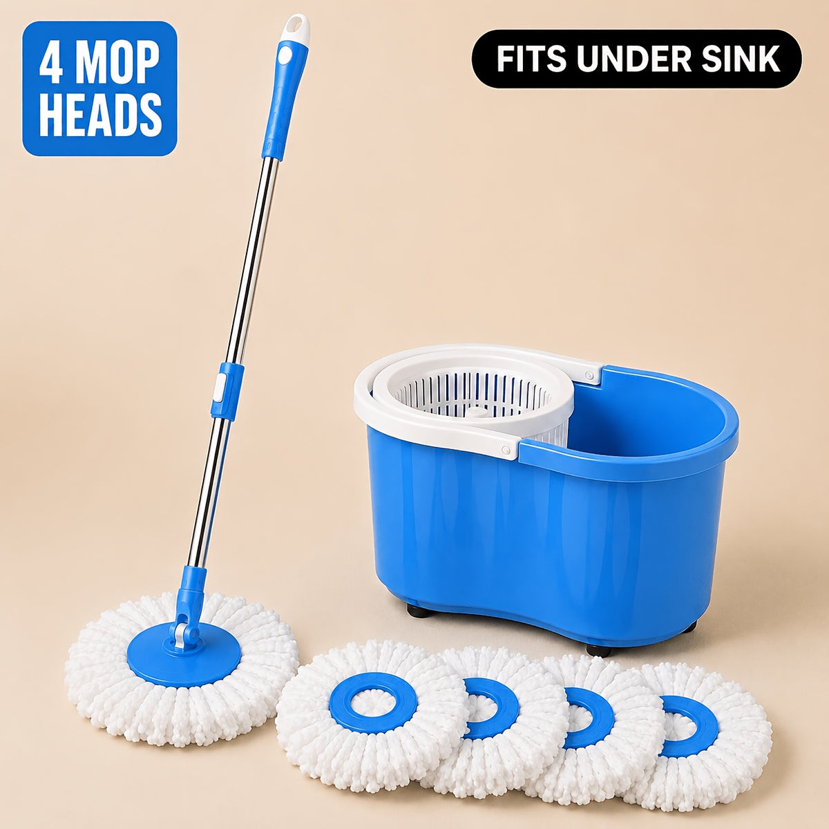 Spin Mop and Bucket Set with 4 Microfiber Heads - Compact Self-Wringing Hands-Free Floor Mop for Apartments Dorms & Small Spaces Fits Under Sink