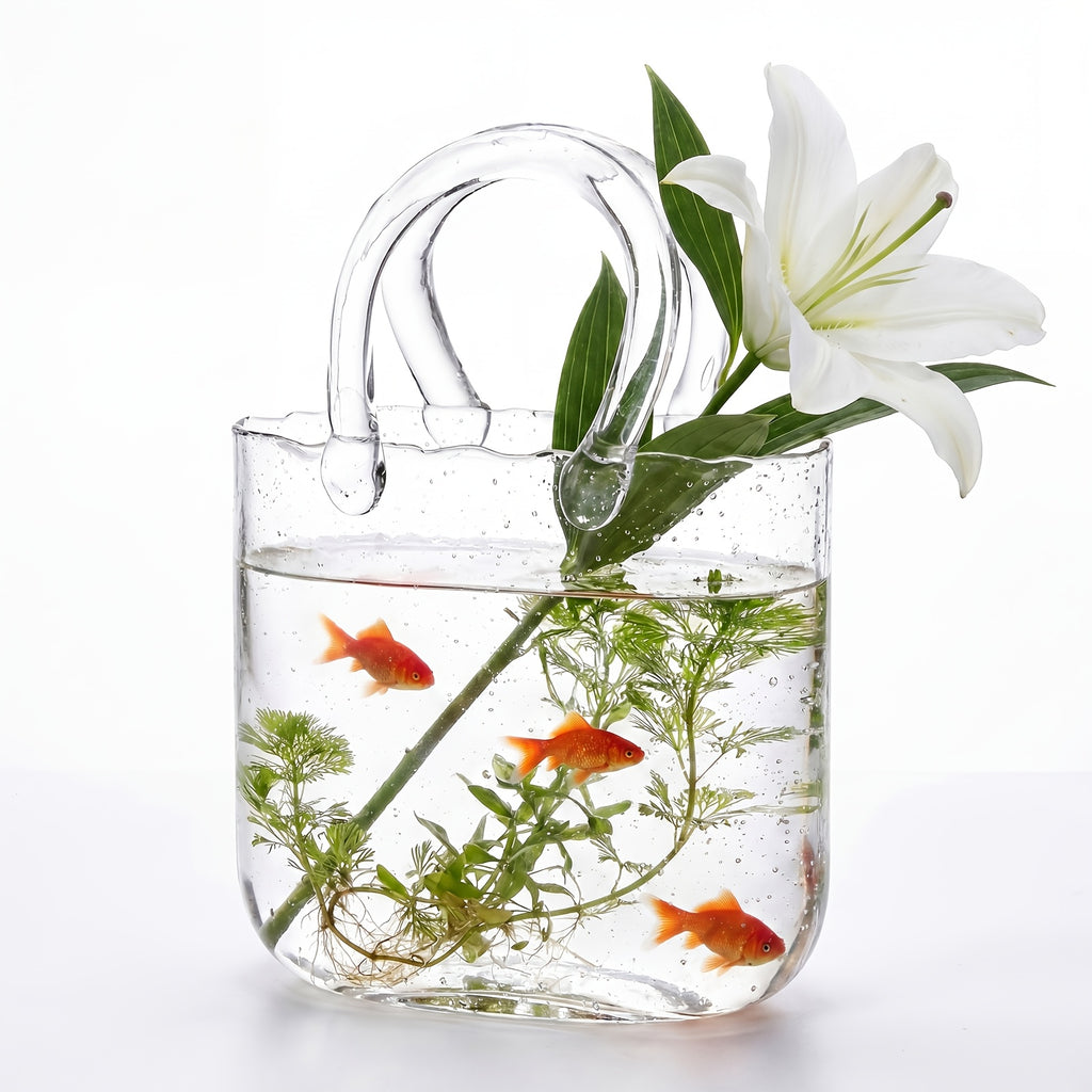 Glass Purse Vase Glow in the Dark with Bubble Handle Clear Bag Shape Flower Vase 7.7x3.9x10.4in Unique Centerpiece for Wedding Table Christmas Home Decor