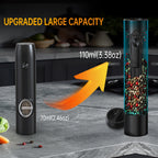 Electric Salt & Pepper Grinder Set USB Rechargeable with Charging Base, LED Grinding Light, Top-Fill Large Capacity – 1 or 2 Piece, Black & Green
