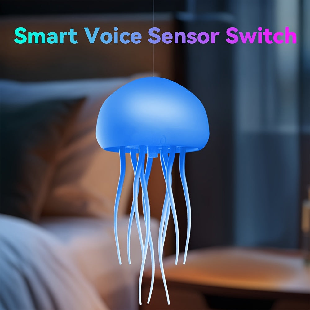 Voice-Controlled Jellyfish LED Lamp Full-Color Gradient Dimmable – 2000mAh Rechargeable Lifelike Tentacles Night Light, Freestanding or Hanging Home Decoration