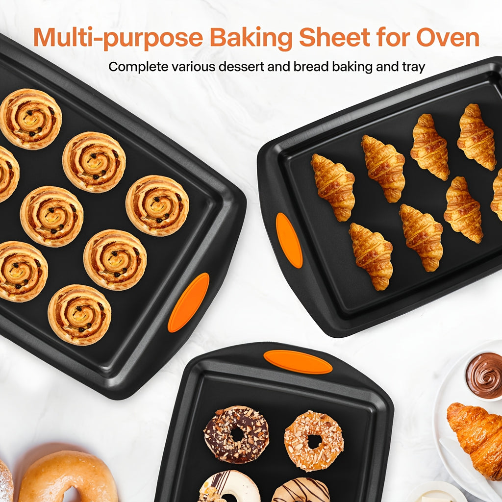 Non-Stick Baking Sheet Set with Silicone Handles – Heavy Carbon Steel Cookie Trays, Stackable, Assorted Sizes, 2/3/6/12/24 Pack for Baking & Roasting
