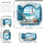 Lighthouse Shower Curtain Set 4 Piece - Window View Pattern Bathroom Set with Shower Curtain, Toilet Seat Cover, U-Shape Mat & 12 Hooks, Apartment Hotel Bathroom Decor