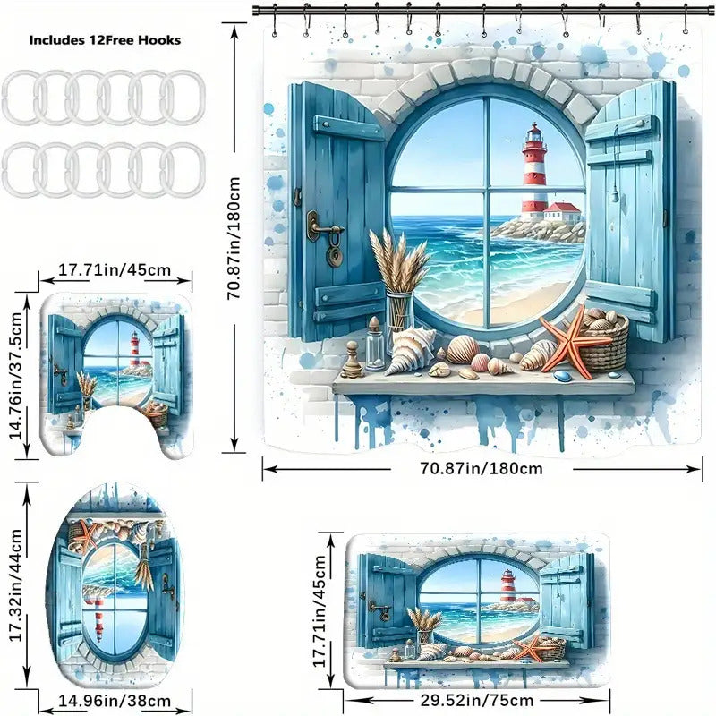 Lighthouse Shower Curtain Set 4 Piece - Window View Pattern Bathroom Set with Shower Curtain, Toilet Seat Cover, U-Shape Mat & 12 Hooks, Apartment Hotel Bathroom Decor