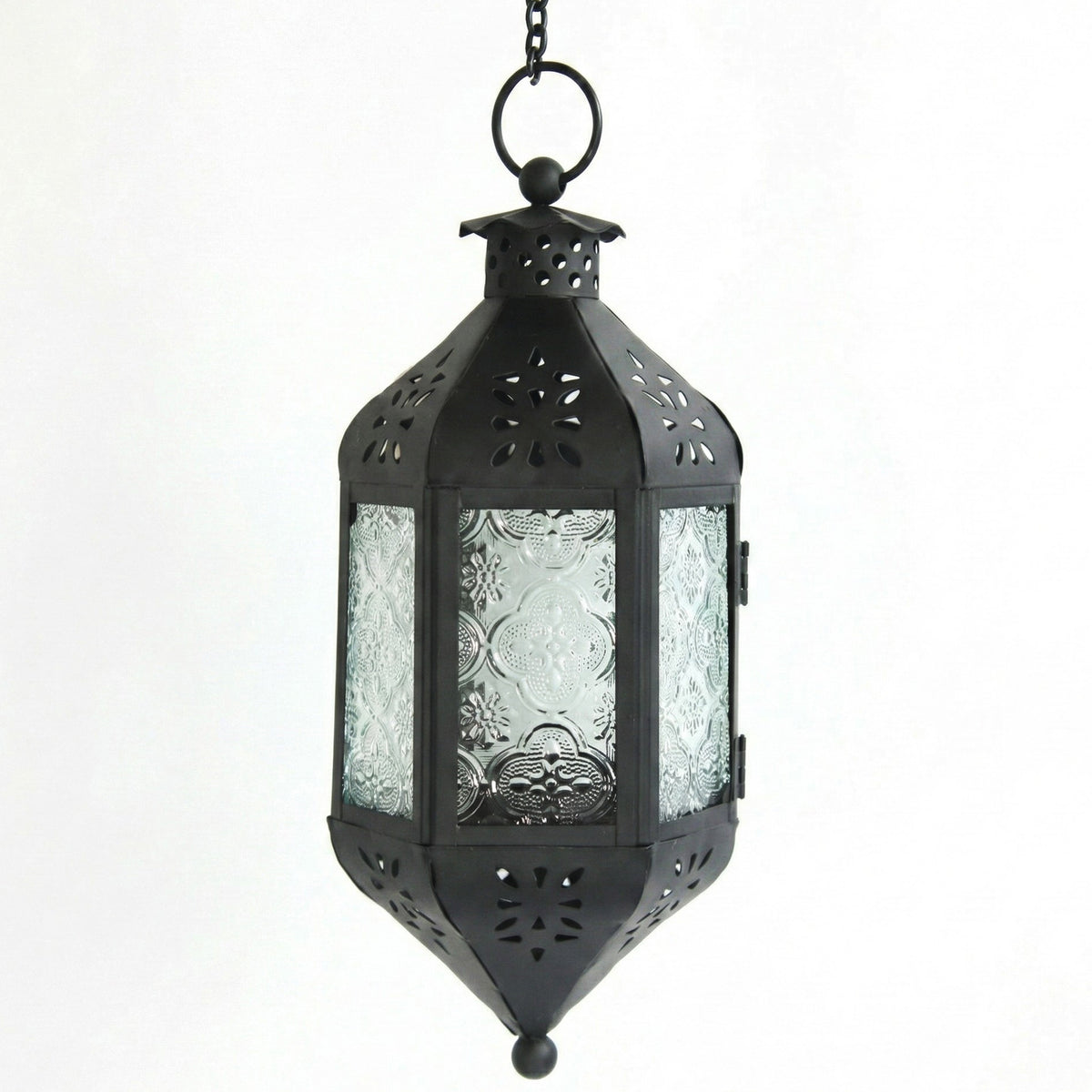 Moroccan Hanging Candle Lantern with Chain – Vintage Boho Style Iron & Glass Tealight Holder for Home, Patio, Garden, Wedding & Ramadan Decor (23.5" Overall)