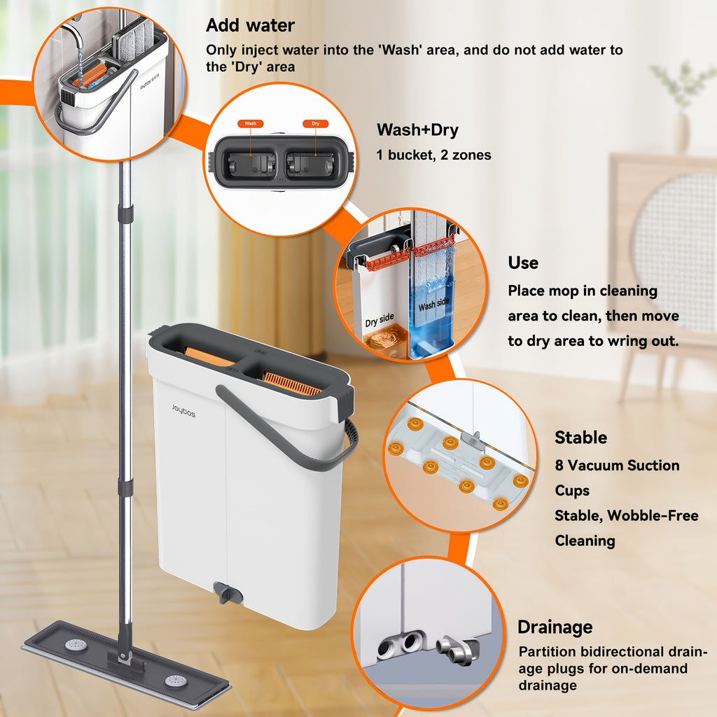 Flat Mop and Bucket Set 40cm, Hands-Free Wringing Dual Bucket System, 360° Rotating Mop Head, 2 or 6 Microfibre Replacement Pads, Wet & Dry Separation, Safe on All Floor Types