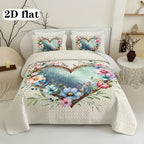 Floral Love Heart Quilted Bed Cover Set – 2 & 3 Piece Quilt & Pillowcases | Soft Breathable Hypoallergenic | Machine Washable | Twin, Full/Queen & King
