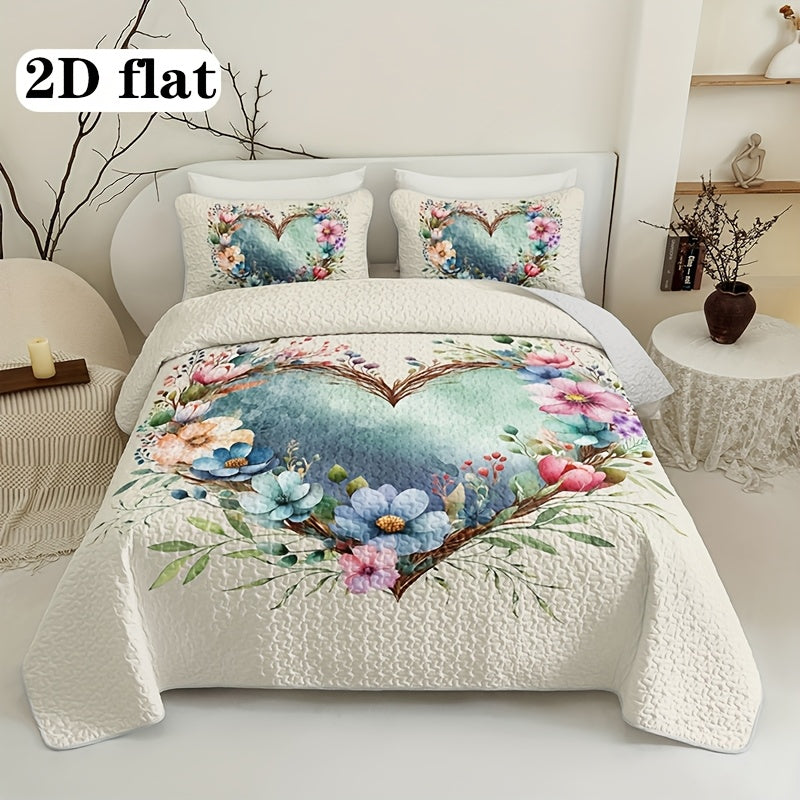 Floral Love Heart Quilted Bed Cover Set – 2 & 3 Piece Quilt & Pillowcases | Soft Breathable Hypoallergenic | Machine Washable | Twin, Full/Queen & King