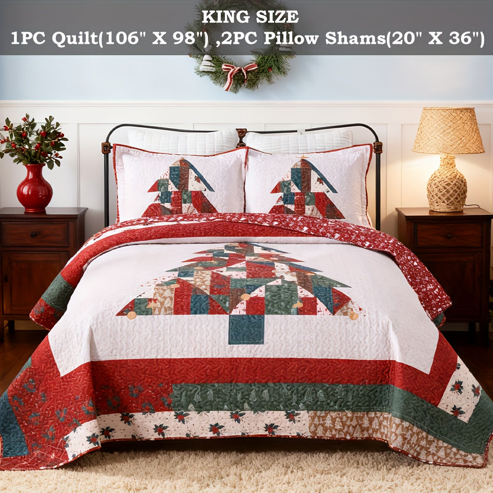 Christmas Quilt Set Queen King 3 Piece – Rustic Lodge Deer Snowman Snowflake Holiday Bedding Ensemble, Quilted Bedspread Coverlet with Pillow Shams, Machine Washable Lightweight Comforter