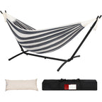 Heavy-Duty Double Hammock with Steel Stand – 450 lbs Capacity, 100% Linen Canvas, Carry Case & Head Pillow Included, No Assembly, Portable for Patio, Backyard, Camping & Balcony | 4 Colors