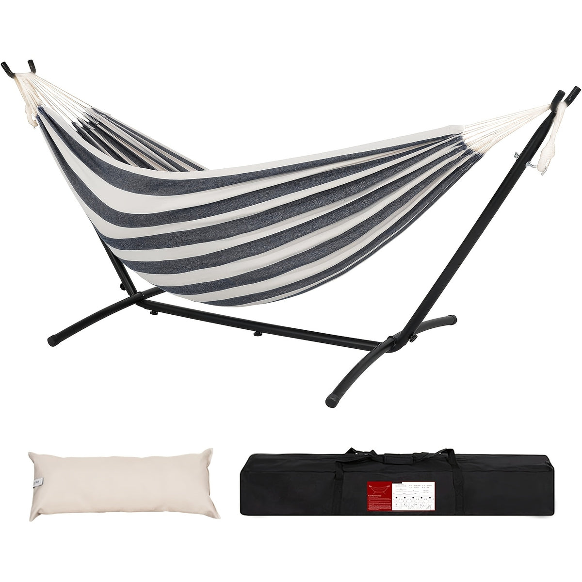 Heavy-Duty Double Hammock with Steel Stand – 450 lbs Capacity, 100% Linen Canvas, Carry Case & Head Pillow Included, No Assembly, Portable for Patio, Backyard, Camping & Balcony | 4 Colors