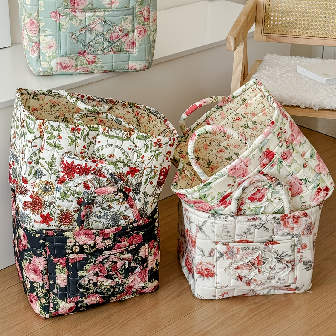 Large Floral Quilted Storage Basket – Vintage Portable Large-Capacity Shelf Basket for Home, 5 Floral Designs (Peony, Marigold, Strawberry)