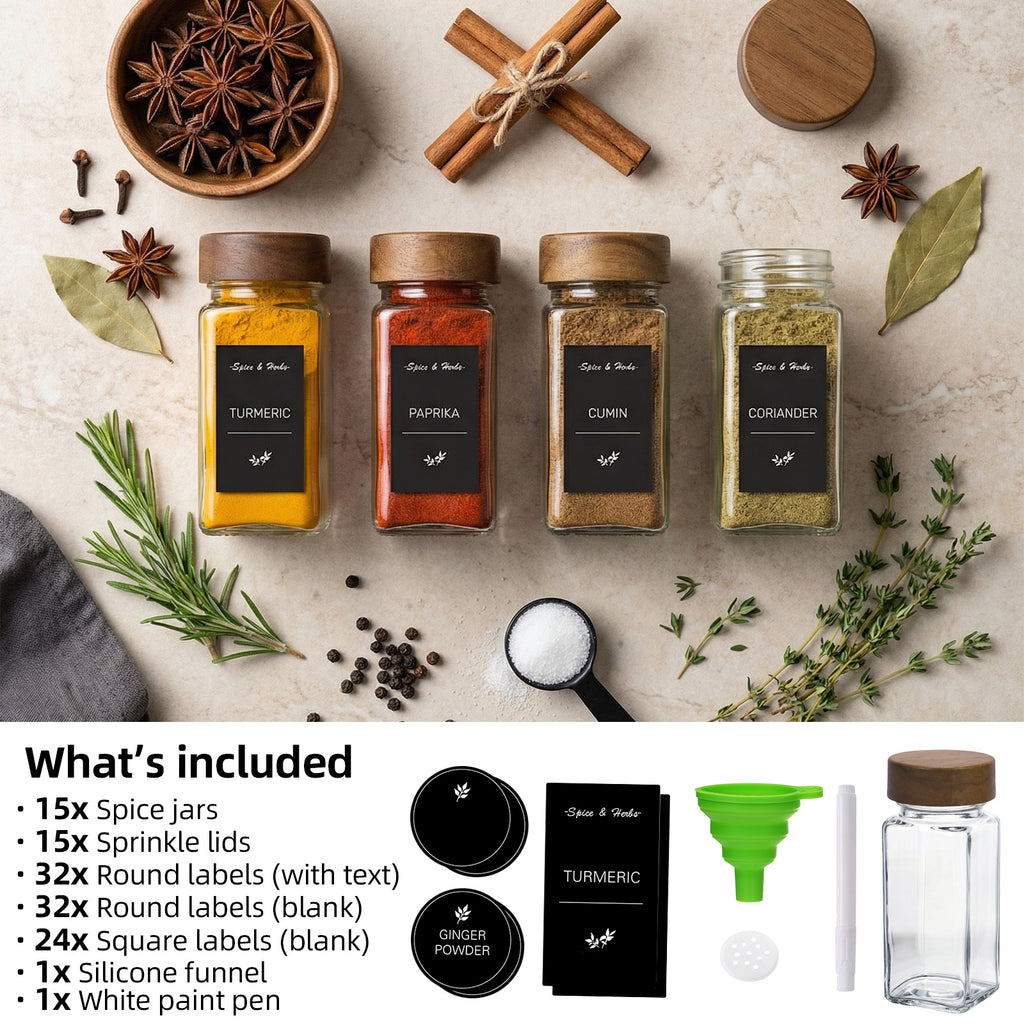 Glass Spice Jars Set with Acacia Wood Lids - 4oz Square Spice Bottles with Shaker Lids, Labels & Grinders for Kitchen Spice Storage and Organization