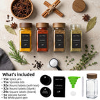 Glass Spice Jars Set with Acacia Wood Lids - 4oz Square Spice Bottles with Shaker Lids, Labels & Grinders for Kitchen Spice Storage and Organization