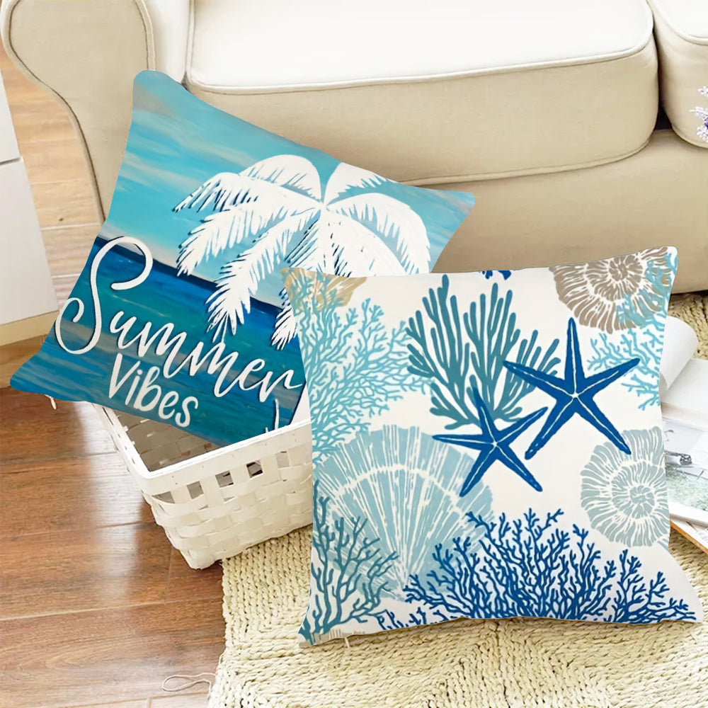 Ocean Beach Pillow Covers 4-Piece Set 18 Inch – Coastal Marine Life Shells Starfish Seahorse Turtle Decorative Pillowcases, Summer Beach Outdoor Cushion Covers for Home Decor