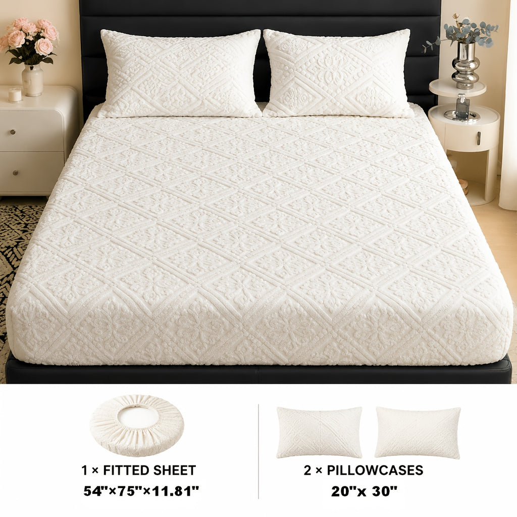 Embossed Fitted Sheet Set Super Soft Deep Pocket - European Texture Bed Sheets All Season, Machine Washable, Optional Pillowcases, Twin Full Queen King Sizes, 5 Colors Bedroom Bedding