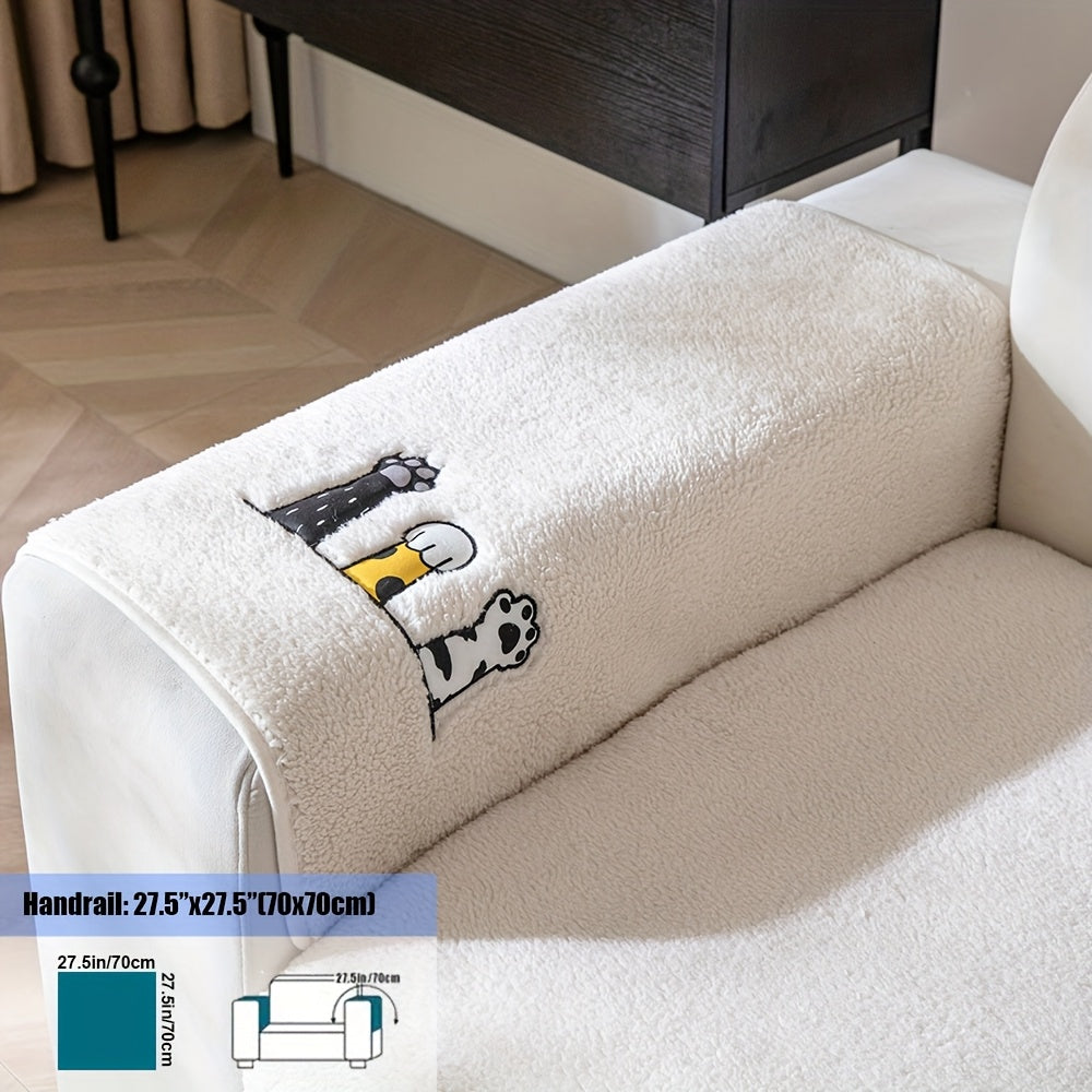 Sherpa Sofa Cover with Cat Paw Embroidery – Thick Plush Non-Slip Couch Slipcover, Pet-Friendly & Machine Washable Furniture Protector