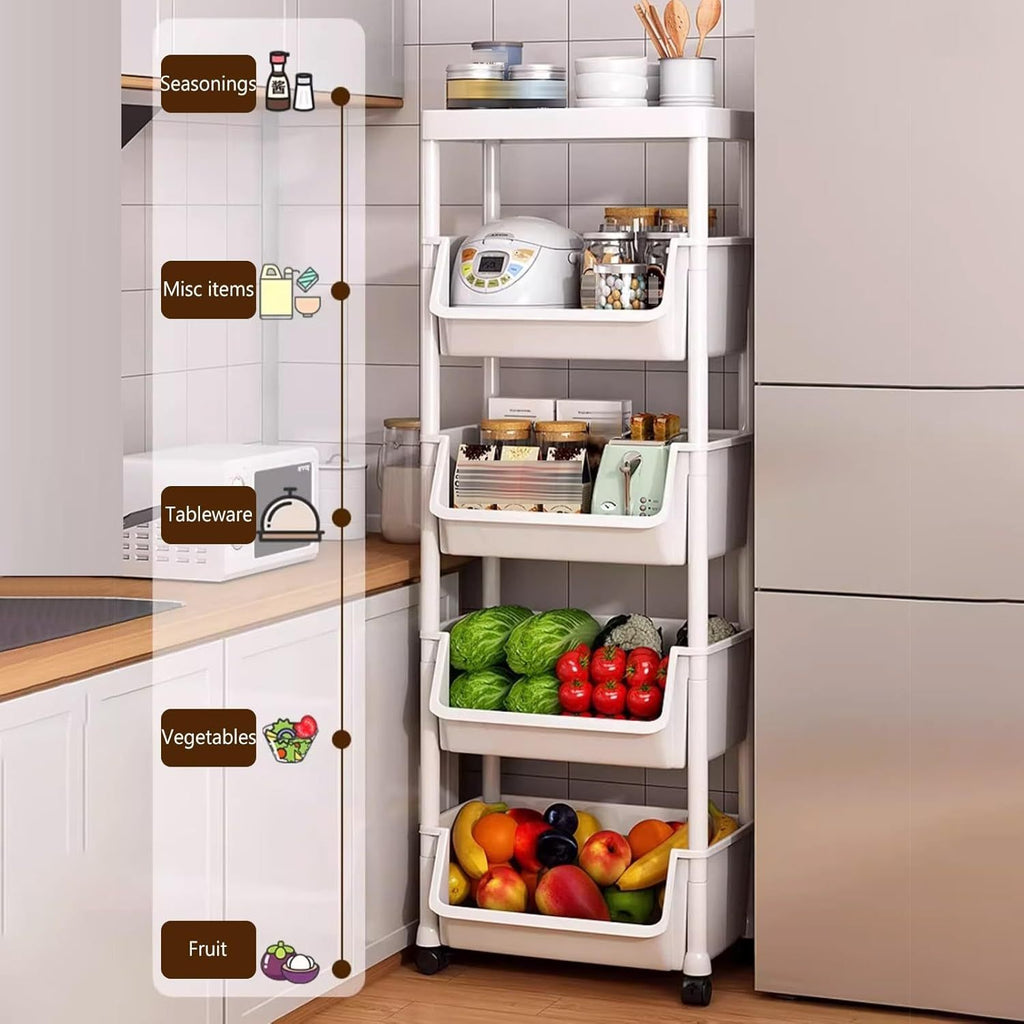 5-Tier Plastic Storage Rack with Lid & Hooks – Heavy-Duty Floor Standing Shelf Organizer for Kitchen, Entryway, Shoes, Books, Pots & Pans