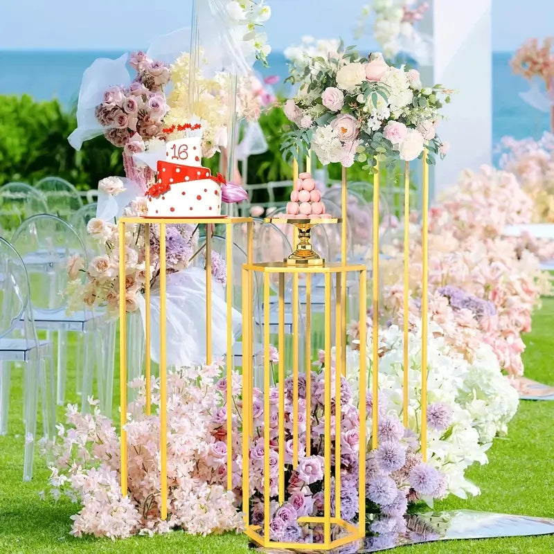 3-Piece Gold Hexagon Cake Stand Set – Metal Cylinder Pedestal Stands for Wedding, Party, Flower Vase & Living Room Decor