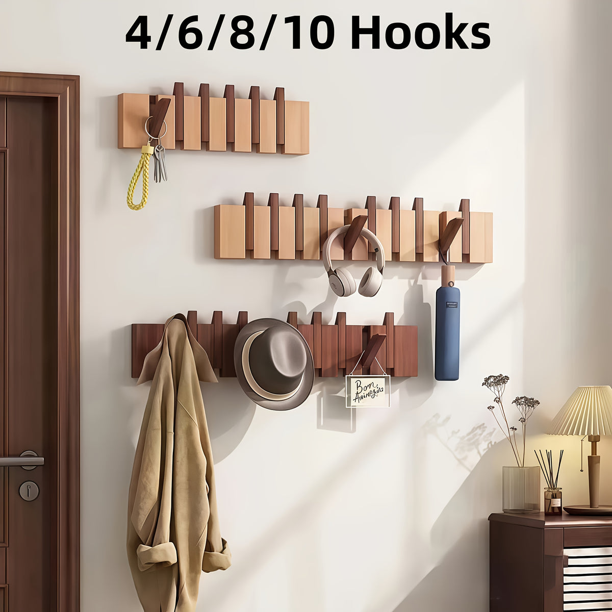 Wall-Mounted Coat Rack Natural Wood – Accordion Hook Rack for Entryway, 4/6/8/10 Hooks, Walnut & Beech Finish, Space-Saving Coat Hanger for Bedroom, Bathroom, Hallway
