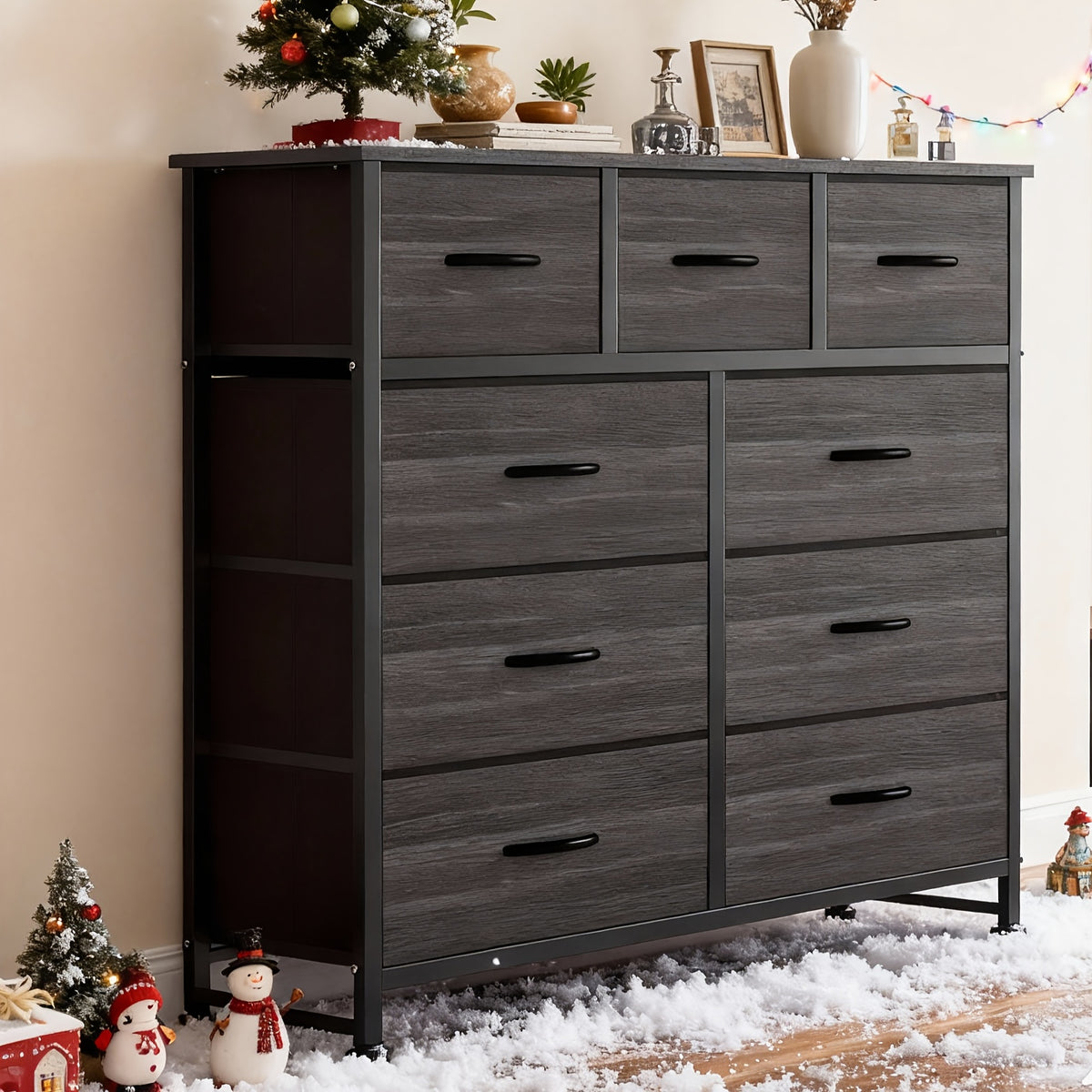 9 Drawer Fabric Dresser with Bins – Tall Chest of Drawers Organizer for Bedroom Closet Hallway Nursery, Steel Frame Wood Top Easy Pull Handles