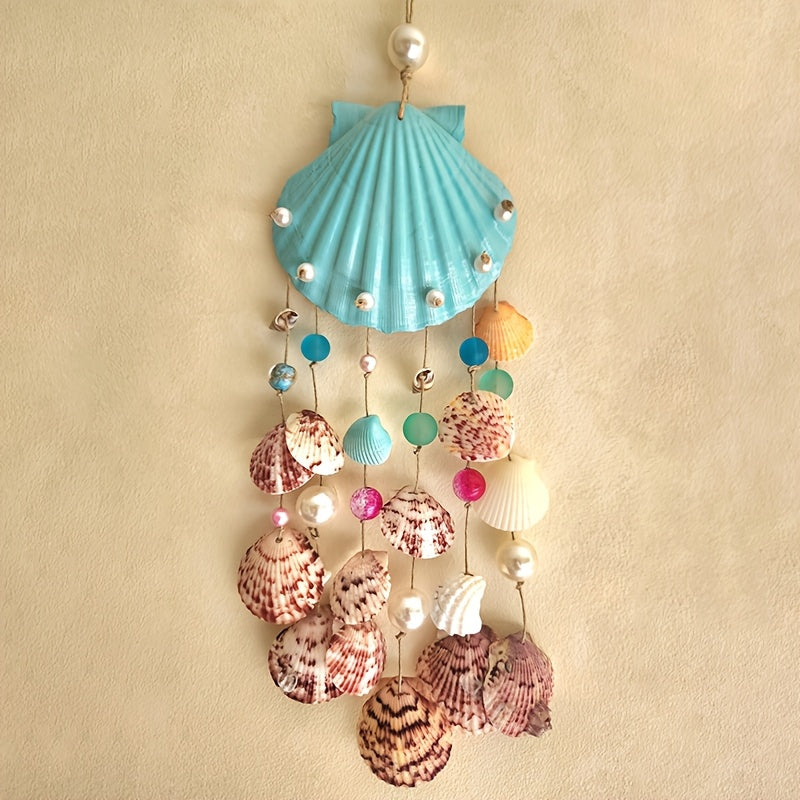 Seashell Wind Chime Coastal Beach Scallop Shell Pearl and Glass Beads Ocean Themed Zen Garden Decoration for Indoor Outdoor Porch Patio Boho Decor