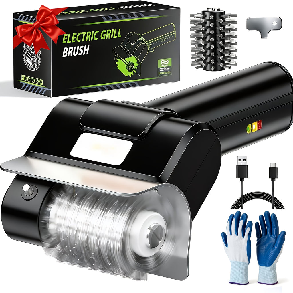 Cordless Electric Grill Brush – 800 RPM Rotating BBQ Cleaning Tool, 2000mAh Rechargeable, 304 Stainless Steel Bristles, Includes Replacement Head & Gloves, Portable Outdoor Grill Scrubber