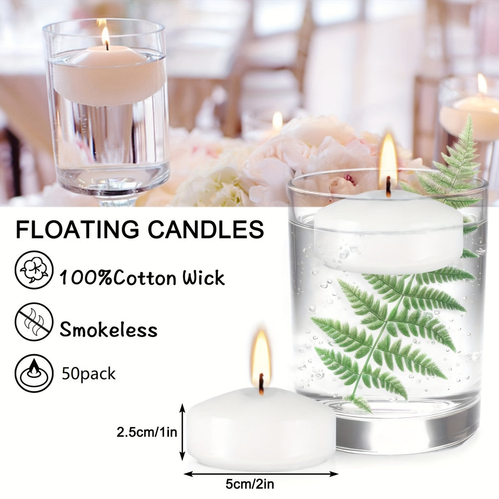 Floating Candles 50 Pack 2 Inch Small Round Unscented Dripless Candles for Wedding Centerpiece Pool Bowl Vase Halloween Christmas Holiday Table Decoration