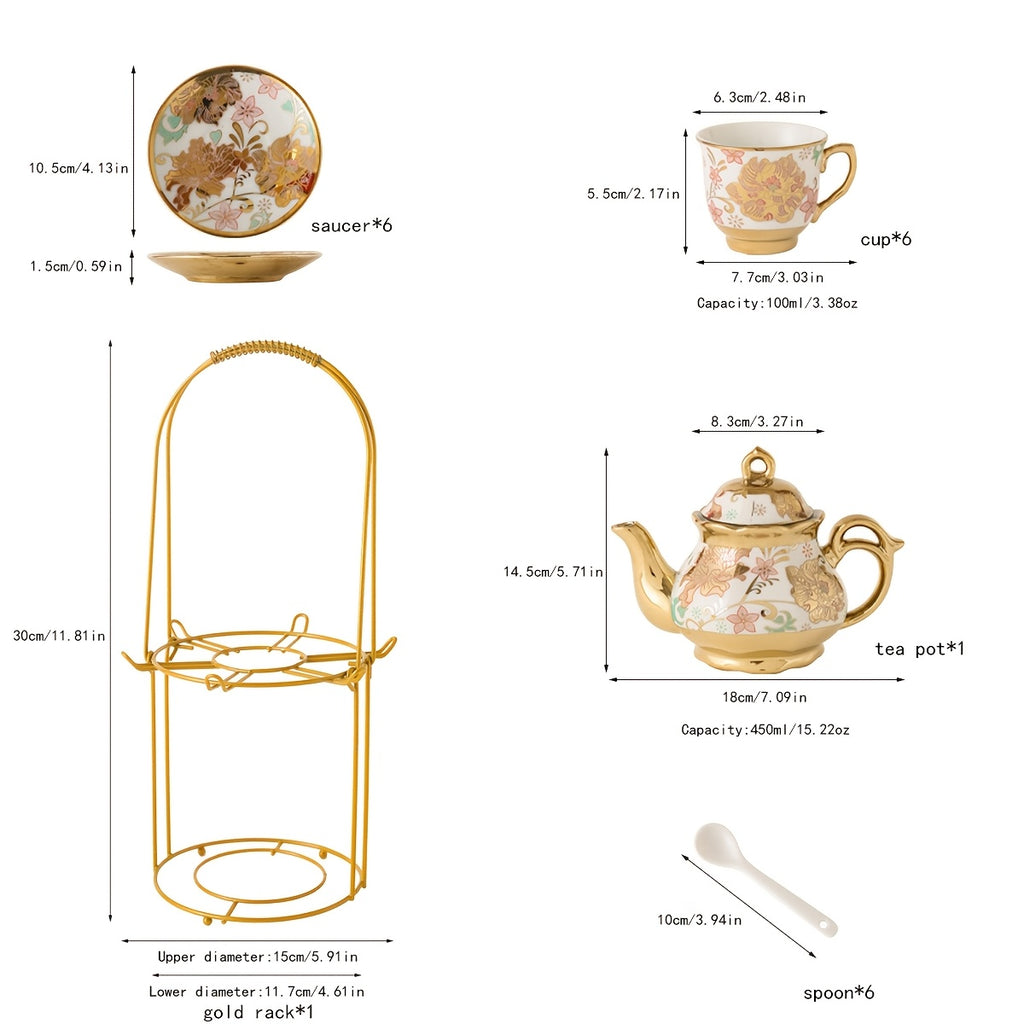 20-Piece Floral Porcelain Tea Set with Metal Holder & Teapot - European Ceramic Espresso Cup and Saucer Set, 3.3oz Cups 15oz Teapot, Afternoon Tea Gift for Golden Pink Purple Flower
