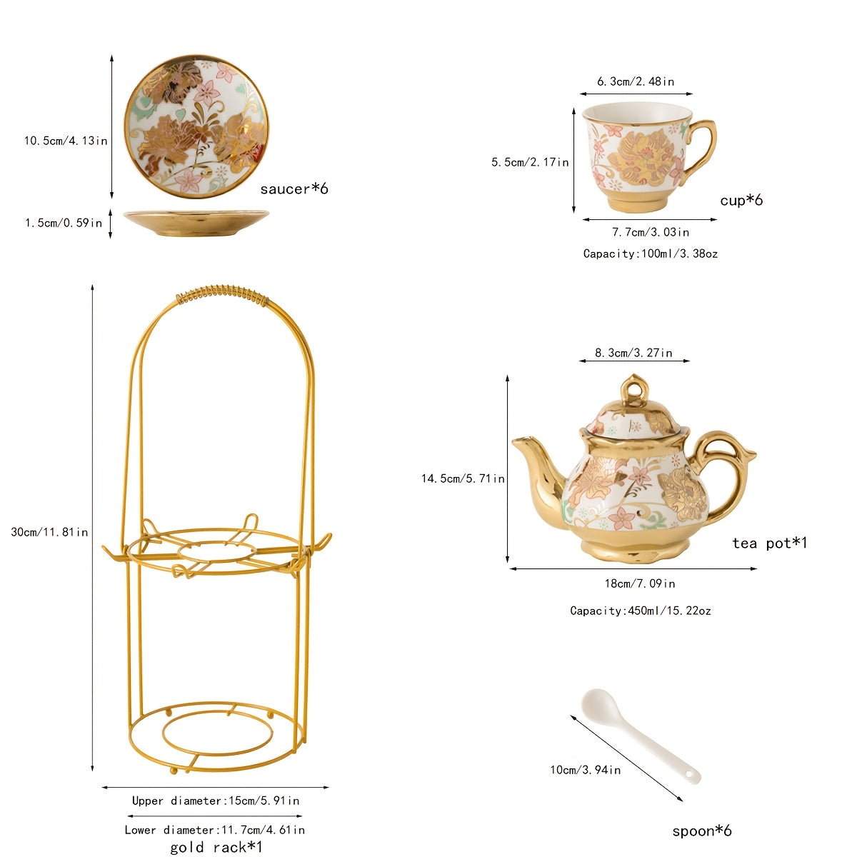 20 Piece Ceramic Tea Set Floral Design – European Afternoon Tea Service with Teapot, Cups, Saucers & Metal Stand – Blooming Style, Gift for Tea Lovers