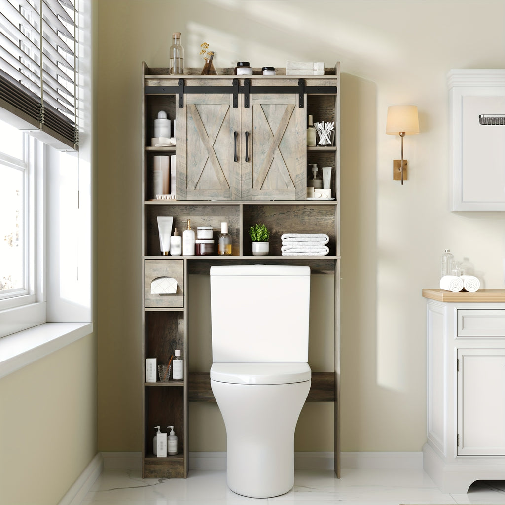 Farmhouse Over Toilet Cabinet with Sliding Doors Engineered Wood Adjustable Shelf Toilet Paper Holder Stand Space Saving Bathroom Storage No Wall Mount Multiple Colors