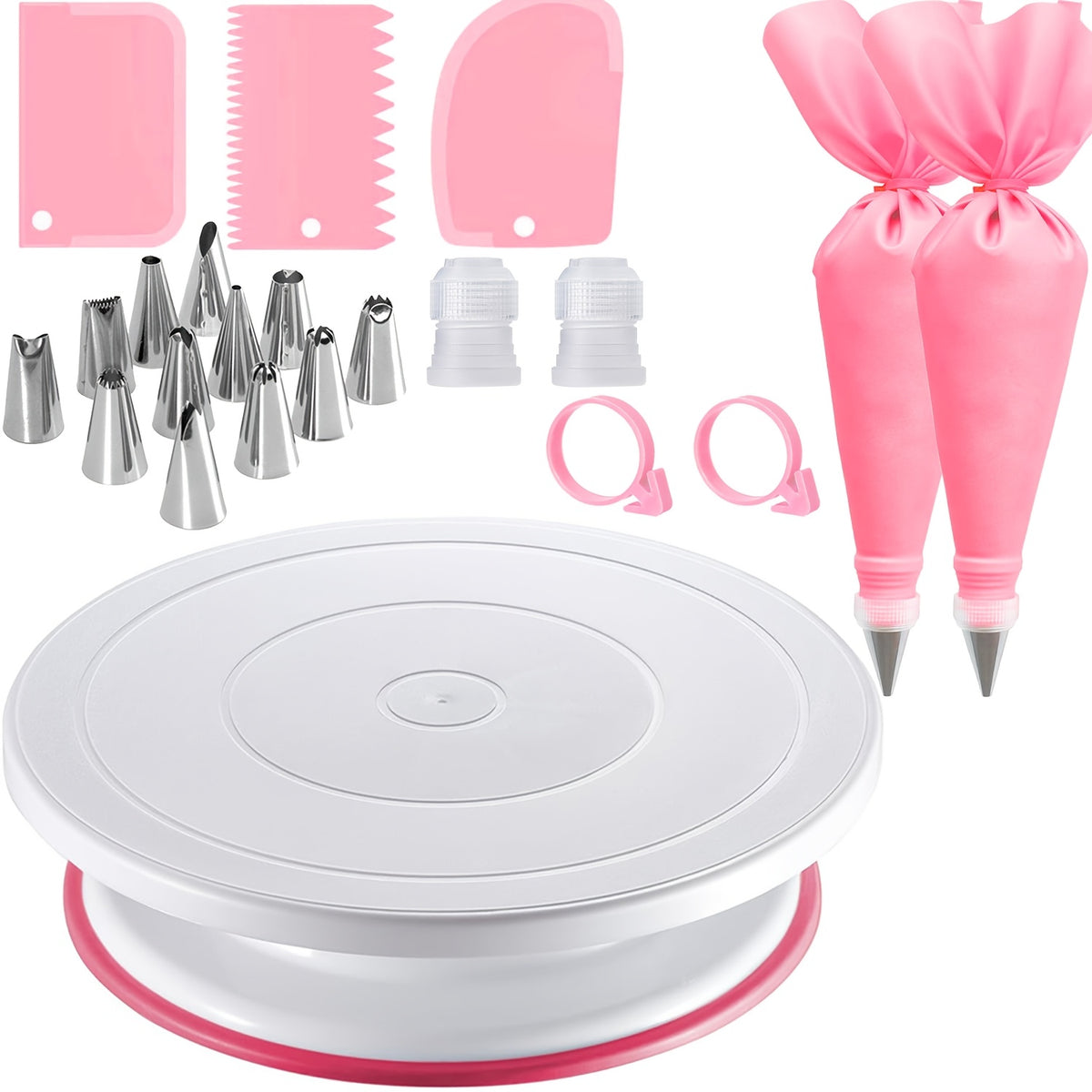 22pcs Cake Decorating Set with Rotating Turntable Stand - 12 Stainless Steel Piping Tips, Icing Spatula, 3 Scrapers & Pastry Bags, Complete Cake Decoration Kit for Home Bakers