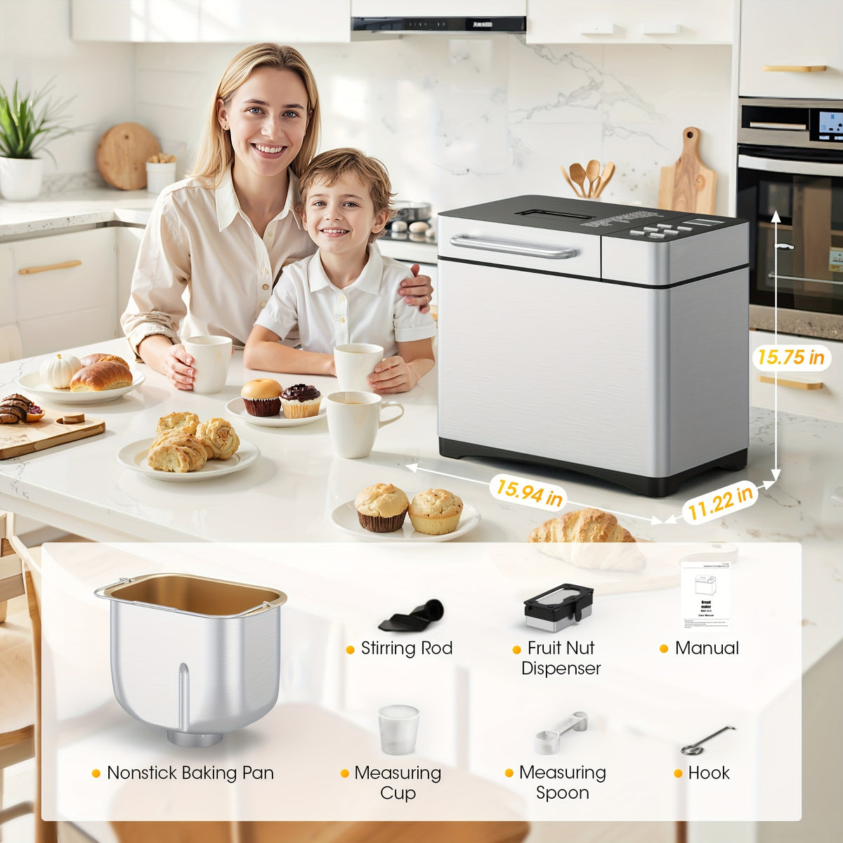 Bread Maker Machine 19-in-1 with Auto Nut & Fruit Dispenser, Ceramic Non-Stick Pan, Clear Viewing Window, 15-Hour Timer – Up to 2 LB Loaf