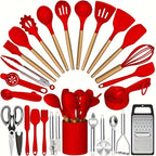 35/36-Piece Silicone Kitchen Utensils Set with Rack & Wooden Handles – Heat Resistant Cooking Tools for Non-Stick Pans | Complete Kitchen Utensil Set