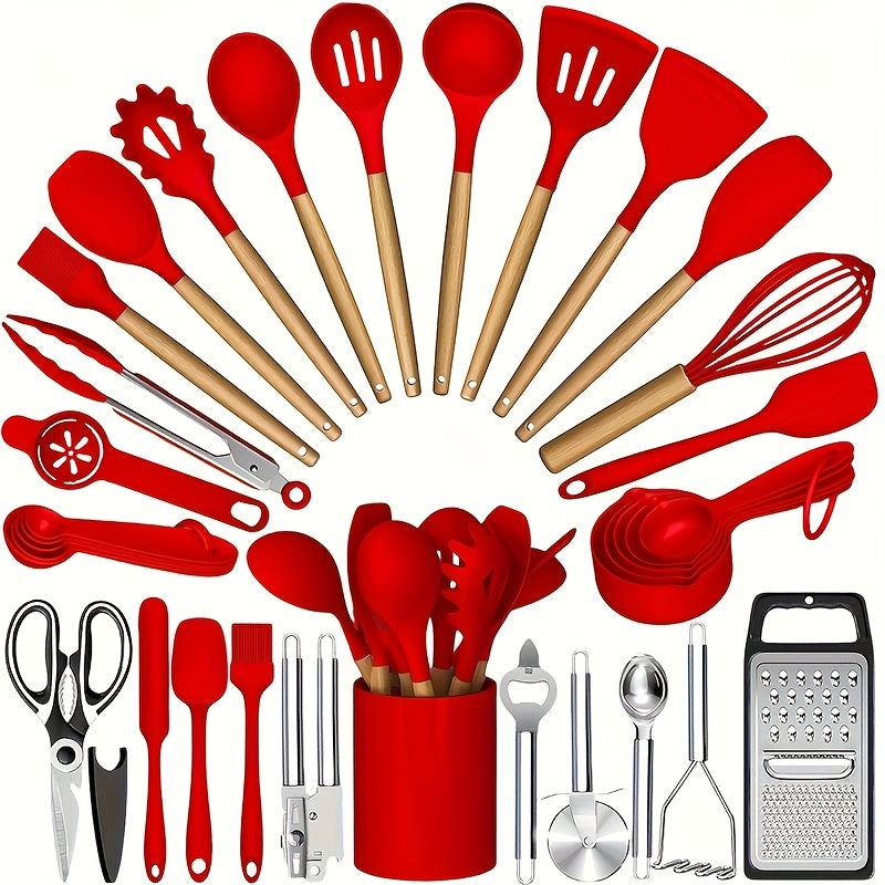 35/36-Piece Silicone Kitchen Utensils Set with Rack & Wooden Handles – Heat Resistant Cooking Tools for Non-Stick Pans | Complete Kitchen Utensil Set