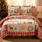Christmas Quilt Set Queen King 3 Piece – Rustic Lodge Deer Snowman Snowflake Holiday Bedding Ensemble, Quilted Bedspread Coverlet with Pillow Shams, Machine Washable Lightweight Comforter