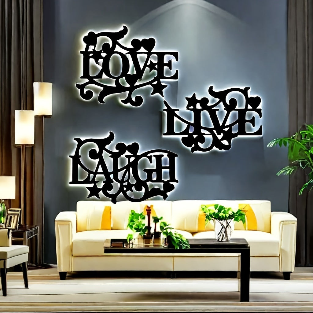 Black Metal Wall Art Love Life Laughter 3 Piece Letter Sign Silhouette Wall Decor for Living Room Bedroom Kitchen Modern Home Decoration