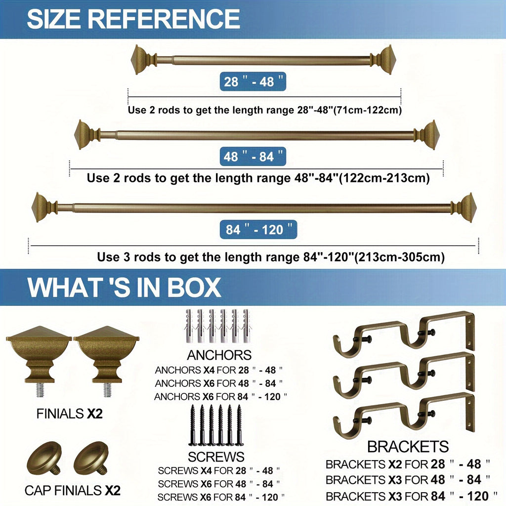 Double Curtain Rod Adjustable 28-48 / 48-84 / 84-120 Inch – 5/8" Front & 1/2" Back Drapery Rod Set with Square Urn Finials & Mounting Hardware | 5 Finishes