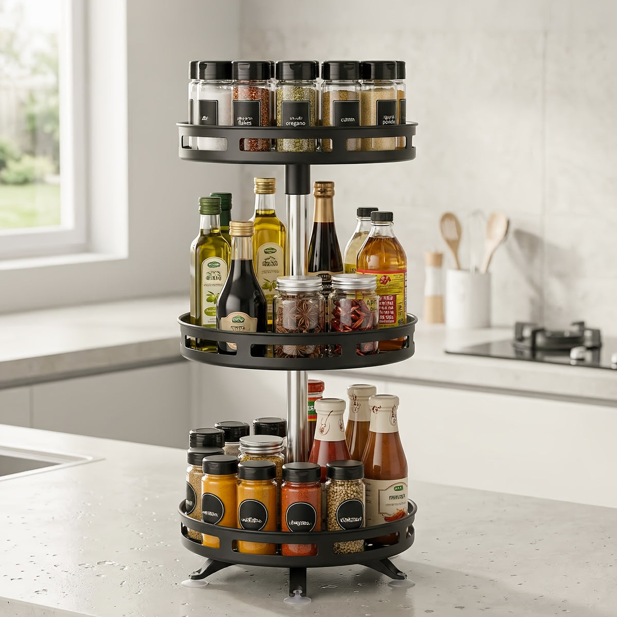 3 Tier Rotating Spice Rack Organizer Metal Turntable for Kitchen Countertop - Spinning Spice Jar Seasoning Storage Rack Black