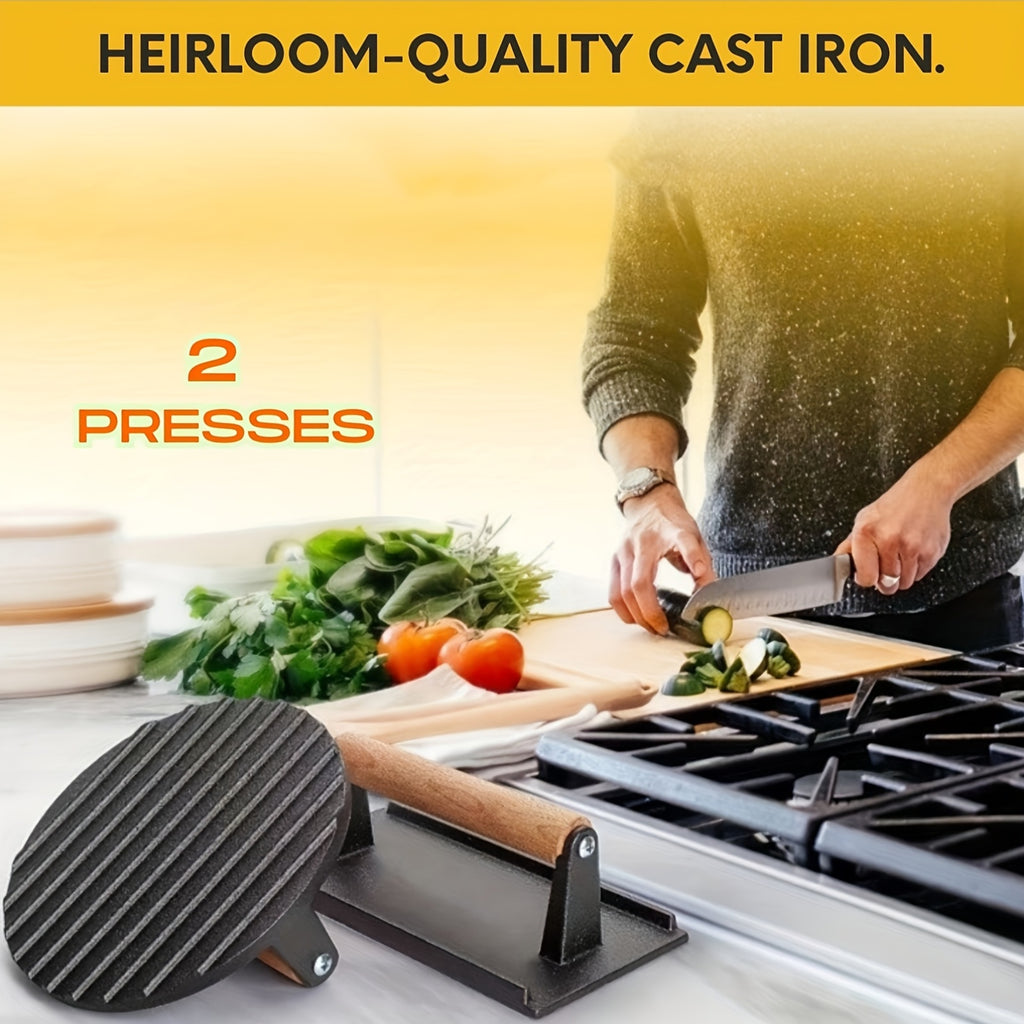 Cast Iron Smash Burger Press – Heavy Duty Dual-Size Beef Patty Smasher with Ergonomic Wood Handle, Grill Press for BBQ & Kitchen Smash Burgers, Round & Square