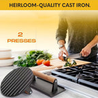 Cast Iron Smash Burger Press – Heavy Duty Dual-Size Beef Patty Smasher with Ergonomic Wood Handle, Grill Press for BBQ & Kitchen Smash Burgers, Round & Square