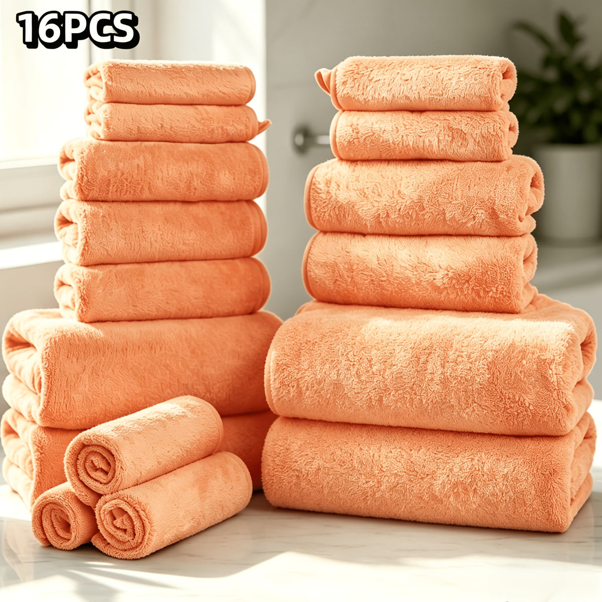 16-Piece Ultra-Soft Coral Fleece Bath Towel Set – 4 Bath Towels, 6 Hand Towels & 6 Washcloths | Quick-Dry, Highly Absorbent | Home, Hotel & Spa