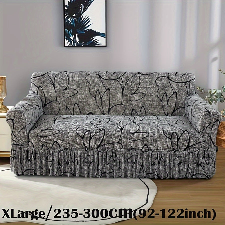 Elastic Sofa Cover with Printed Skirt - Universal Stretch Couch Slipcover Furniture Protector 2 3 4 Seater Living Room Bedroom Office All Seasons