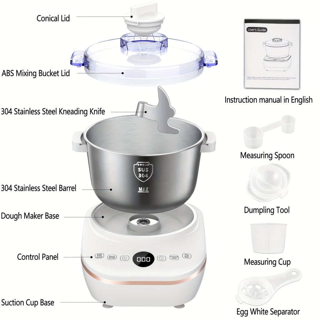 Electric Dough Maker 5.2Qt 250W 304 Stainless Steel Bowl with Ferment Function - Automatic Kneading Machine for Bread, Pizza, Pasta, Roti, Dumplings - Adjustable Time, 3 Modes, Home Kitchen